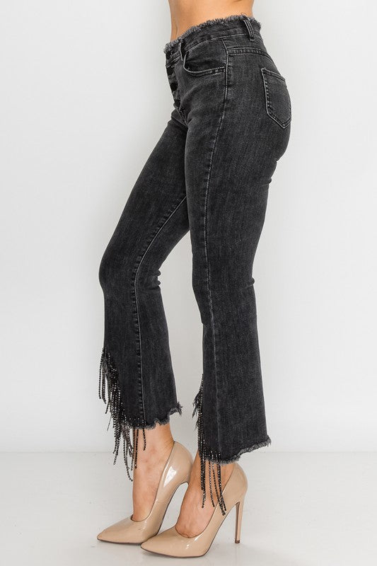 Rhinestone Metal Fringe Denim Pants