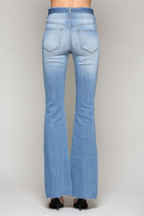 Ultra high belted, triple button, front slit, flair denim pants.