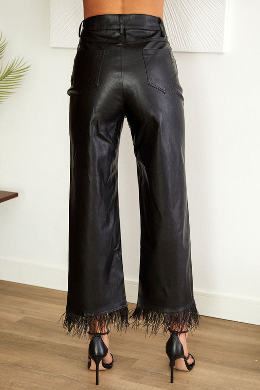 PU Feather Hem Pants
