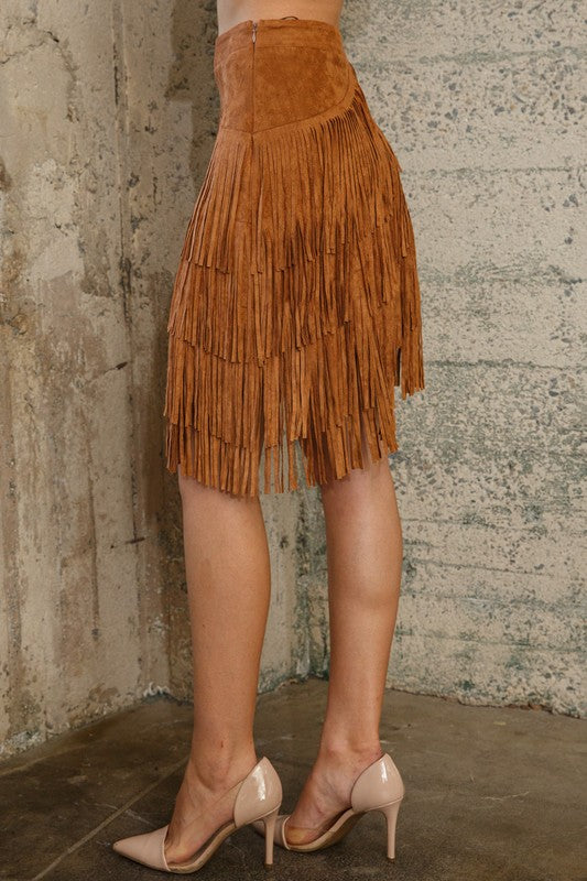 Suede Fringe Twirl Knee Length Skirt