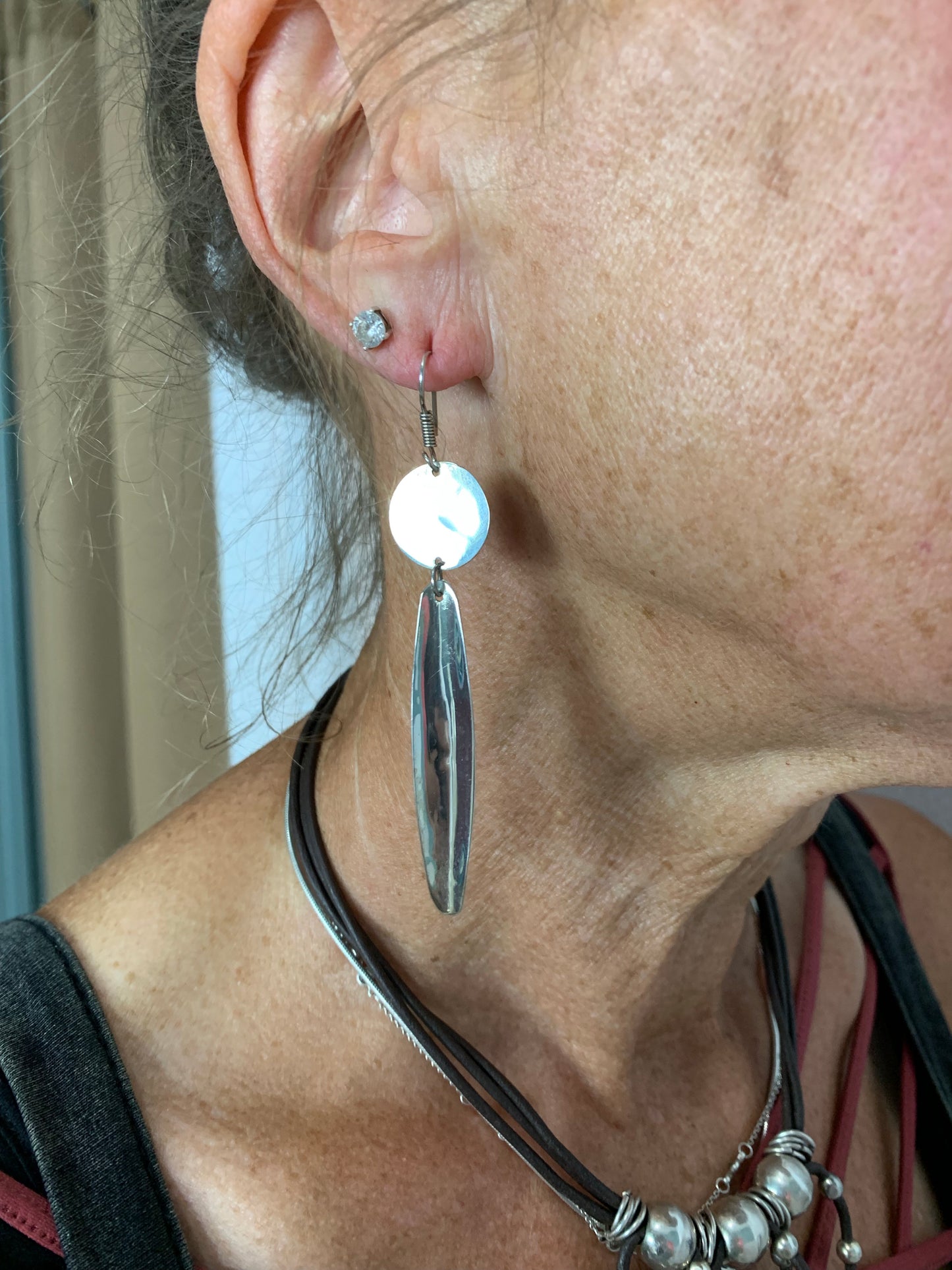 Silver plated long dangling circle drop earrings