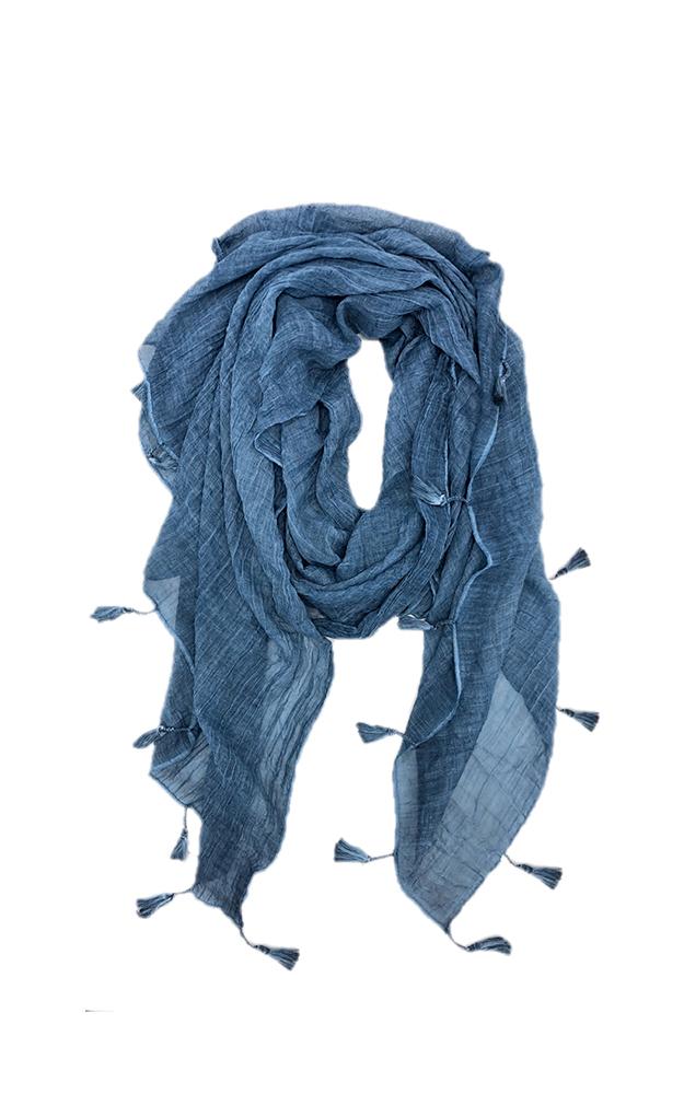Solid Crinkled Cotton Scarf with Tassels.