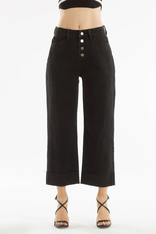 Kancan Button Ankle Straight Black Jeans