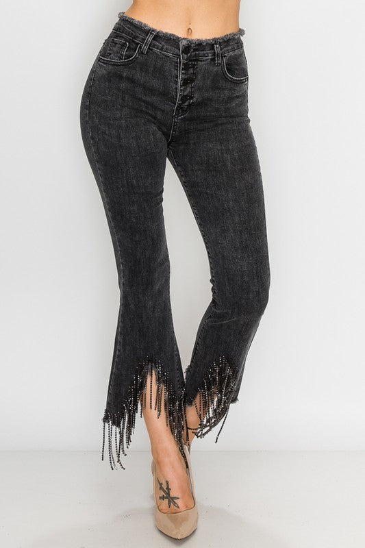Rhinestone Metal Fringe Denim Pants