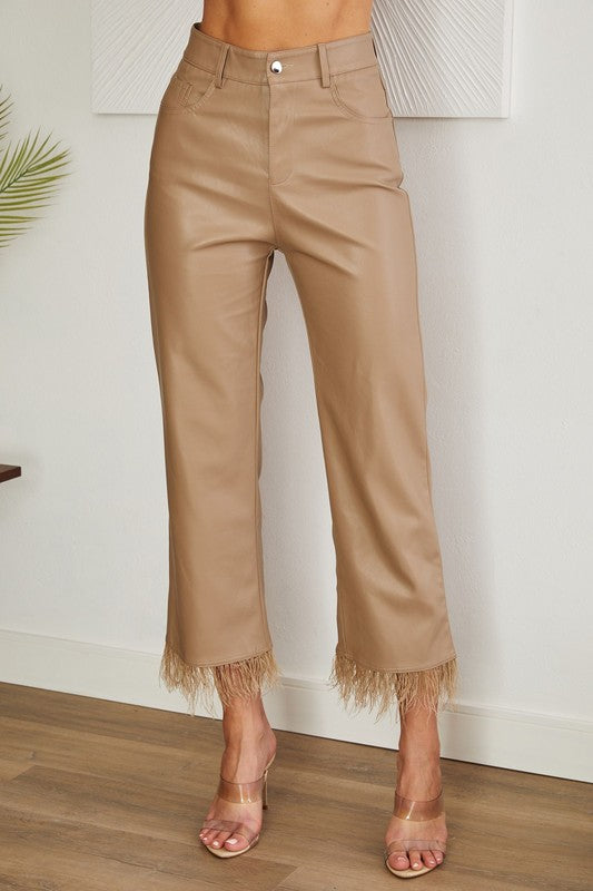 PU Feather Hem Pants