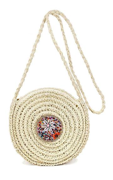 Center Bead Decor Round Straw Crossbody Bag