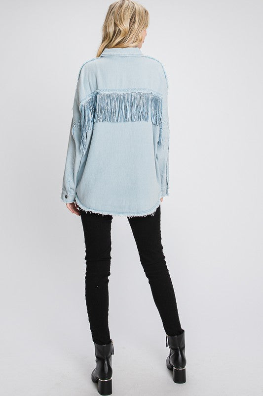 Fringe Shacket with frayed detail.