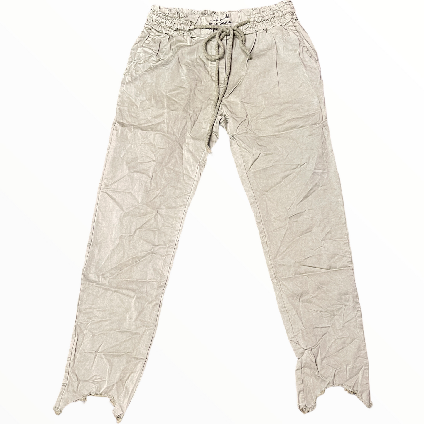 Distressed hem, Italian drawstring joggers.