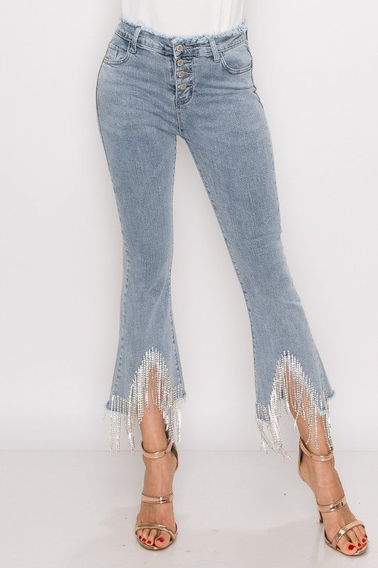 Rhinestone Metal Fringe Denim Pants