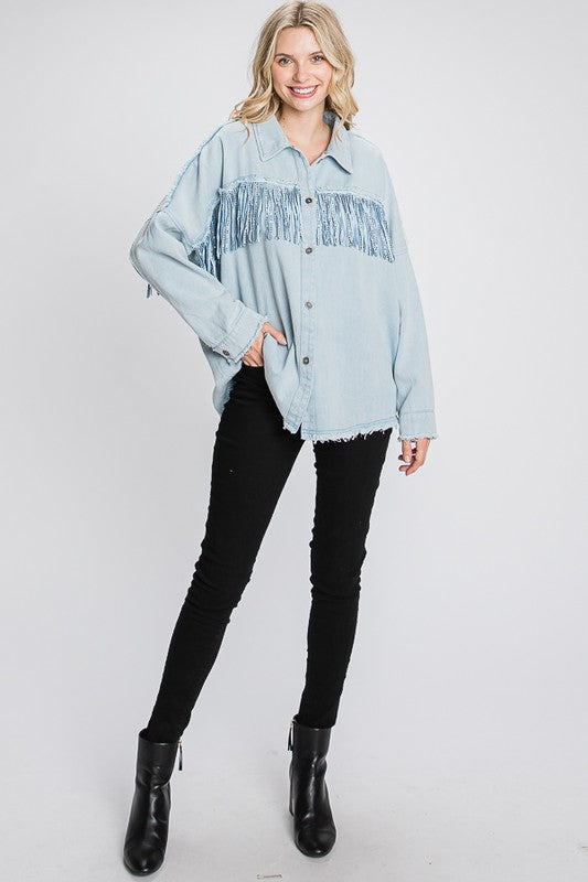 Fringe Shacket with frayed detail.