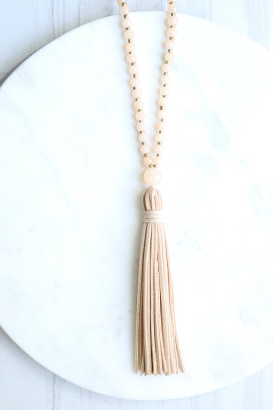 Round Glass Bead Necklace with suede Tassle