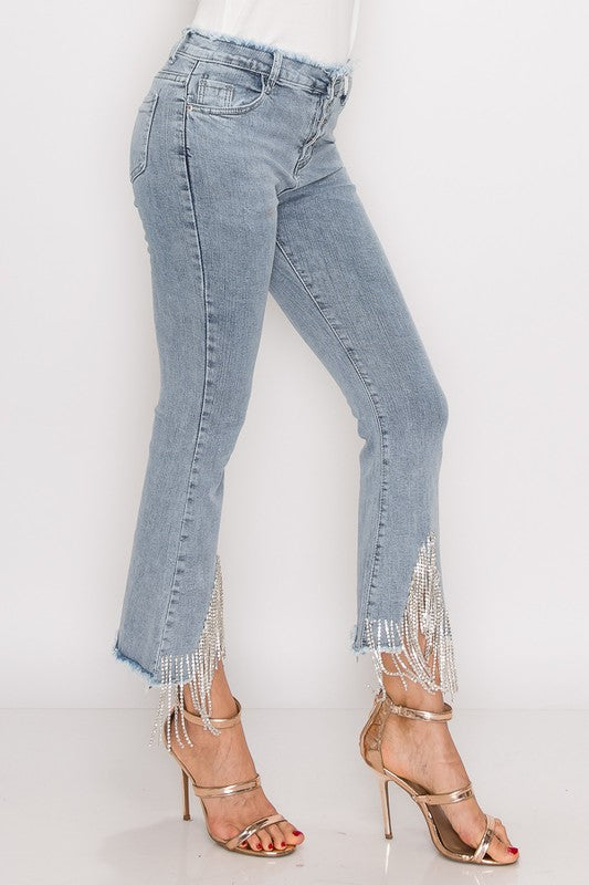 Rhinestone Metal Fringe Denim Pants