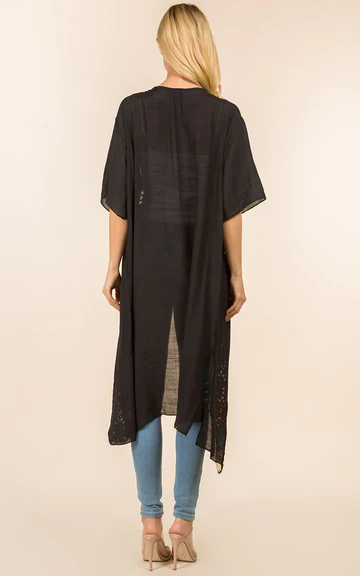 Crochet detail long kimono cardigan