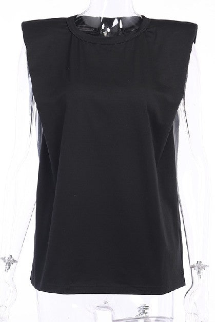 Sleeveless Shoulder pad T-shirt.