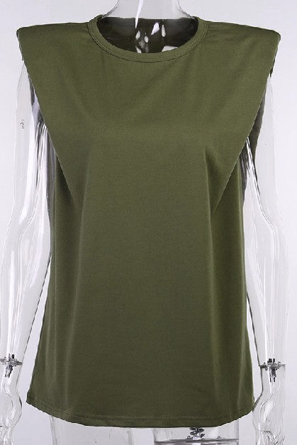Sleeveless Shoulder pad T-shirt.