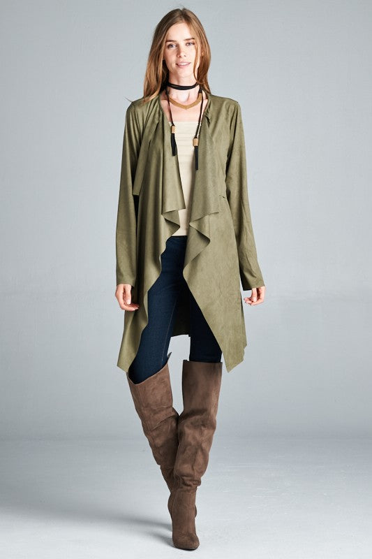 Loose fit, long sleeve, waterfall front open trench coat.