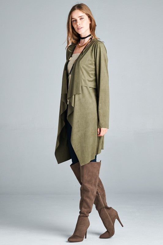 Loose fit, long sleeve, waterfall front open trench coat.