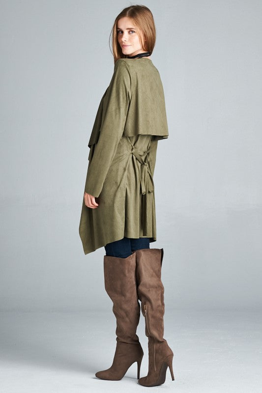 Loose fit, long sleeve, waterfall front open trench coat.