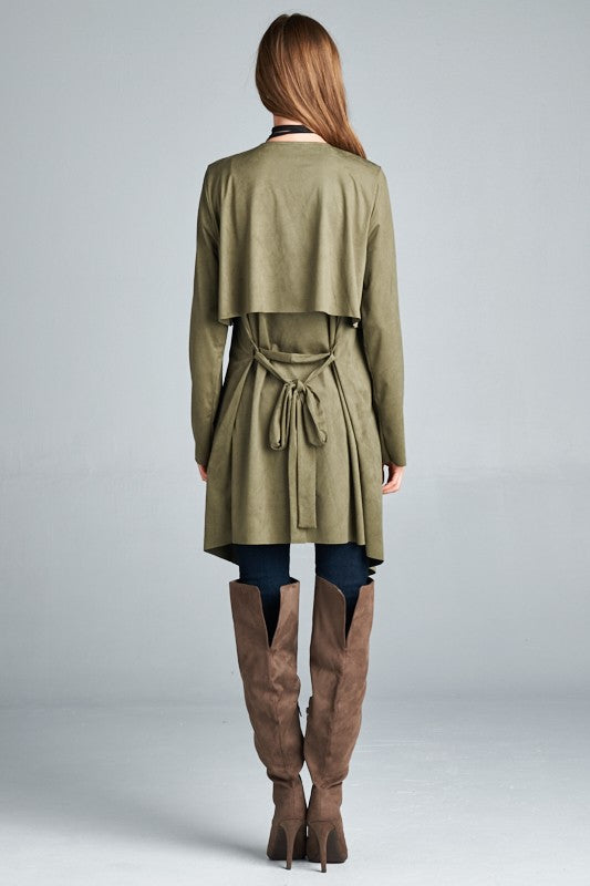 Loose fit, long sleeve, waterfall front open trench coat.