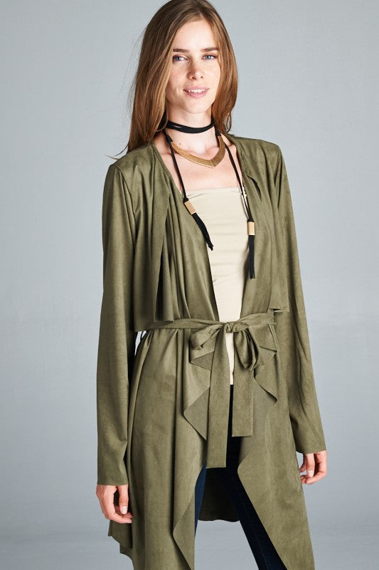 Loose fit, long sleeve, waterfall front open trench coat.