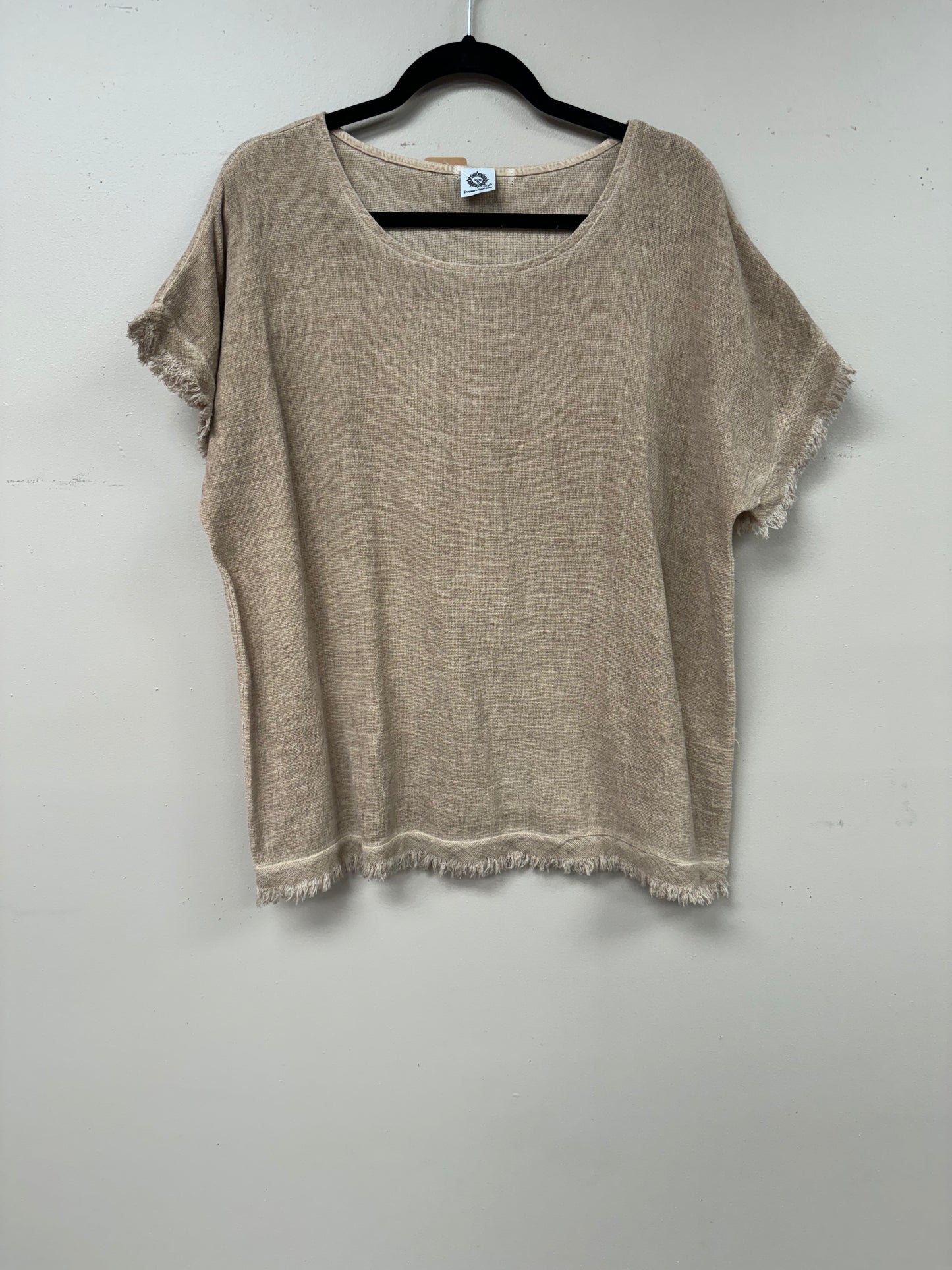 Italian open weaved linen, short sleeve distressed hem, blouse.