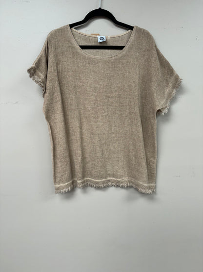 Italian open weaved linen, short sleeve distressed hem, blouse.