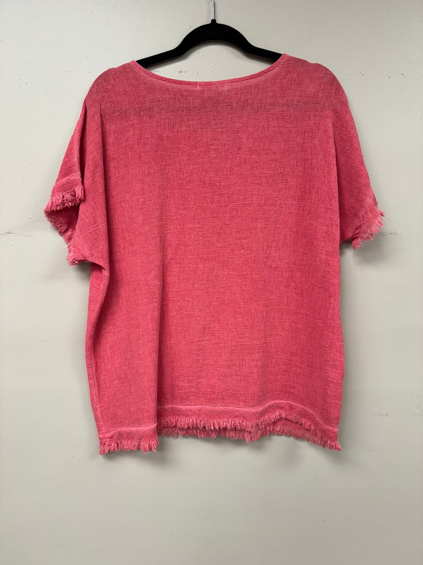 Italian open weaved linen, short sleeve distressed hem, blouse.