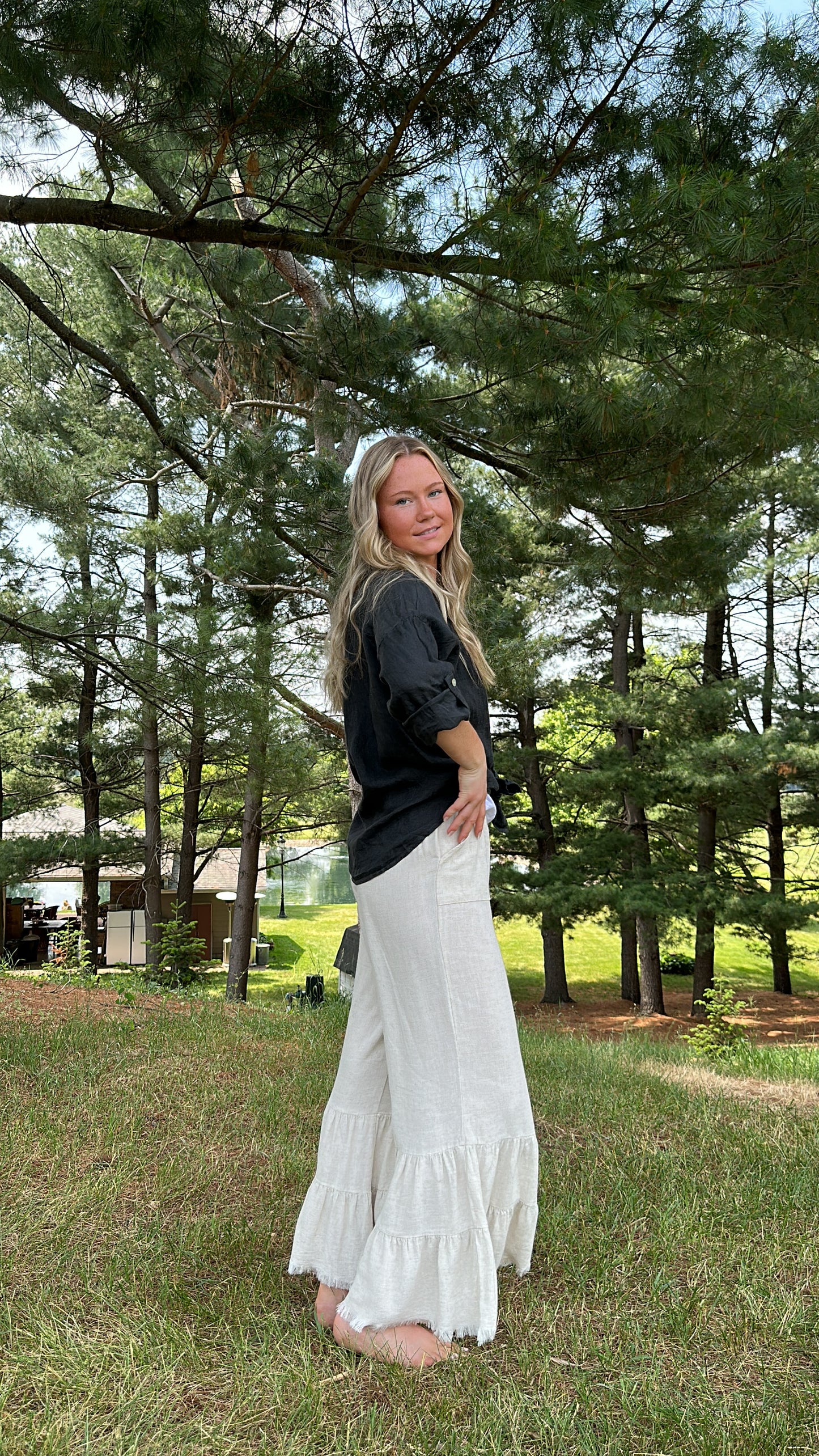 Linen Blend Wide Ruffle Leg Pants