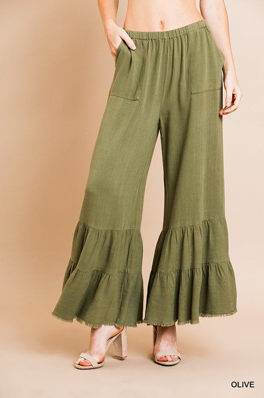 Linen Blend Wide Ruffle Leg Pants