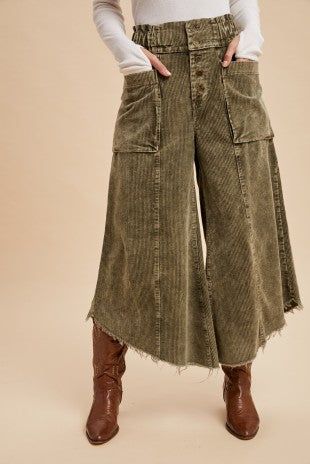 Mineral Wash Cropped Fray Hem Corduroy Wide Pants