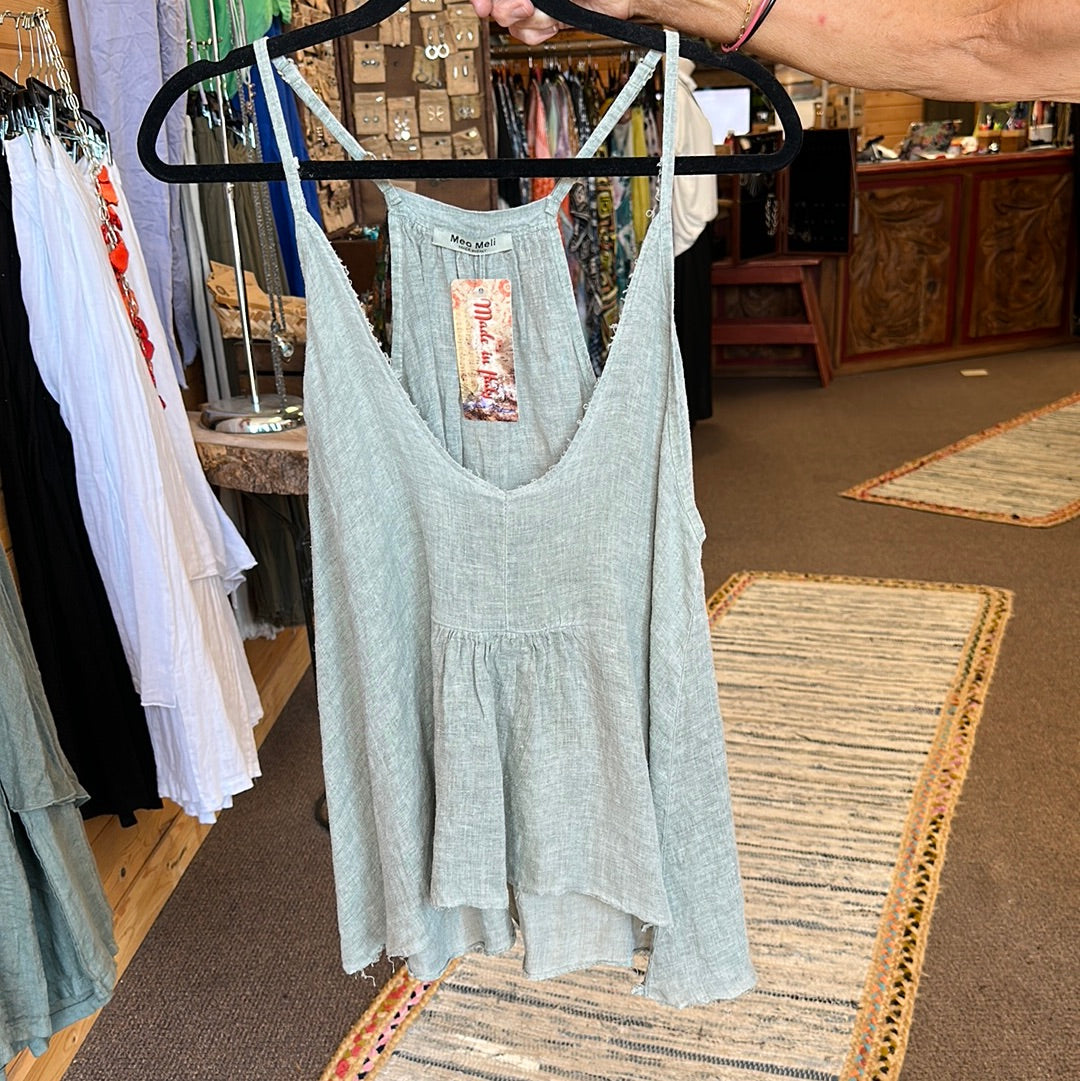 Linen Cotton Blend distressed Hem tank top.