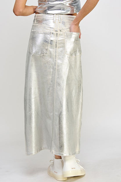 Front Slit Metallic Midi Skirt