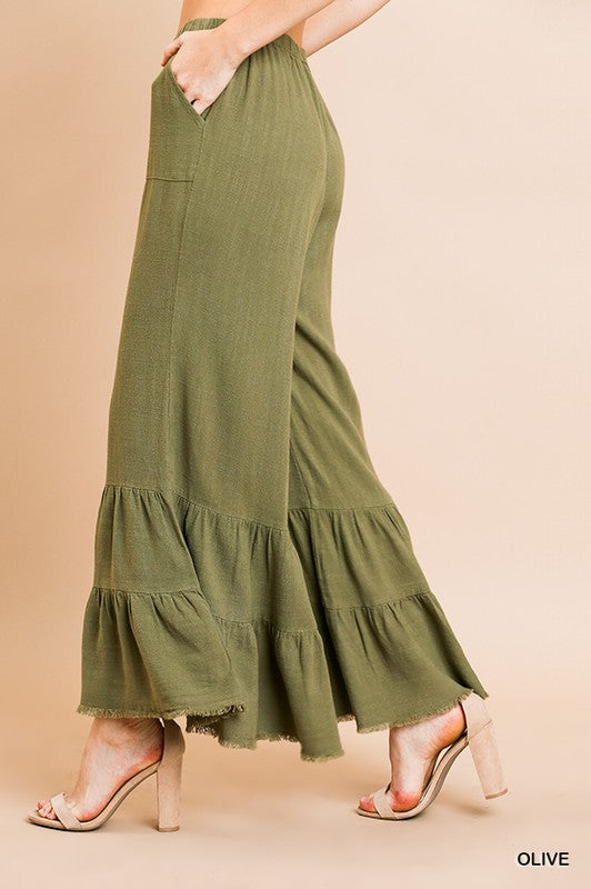 Linen Blend Wide Ruffle Leg Pants