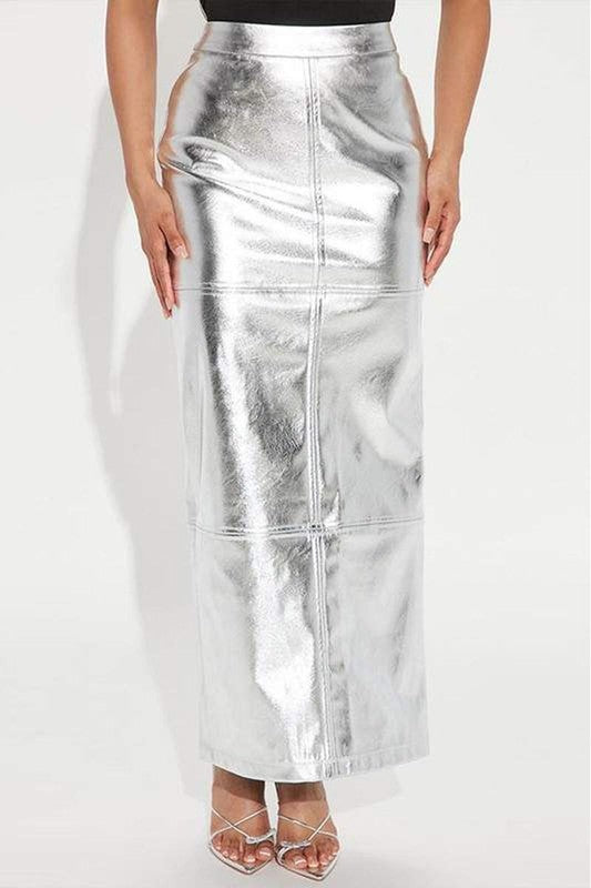 Metallic Silver Midi Skirt