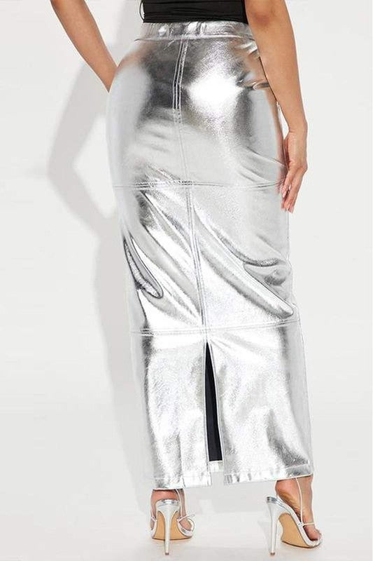 Metallic Silver Midi Skirt