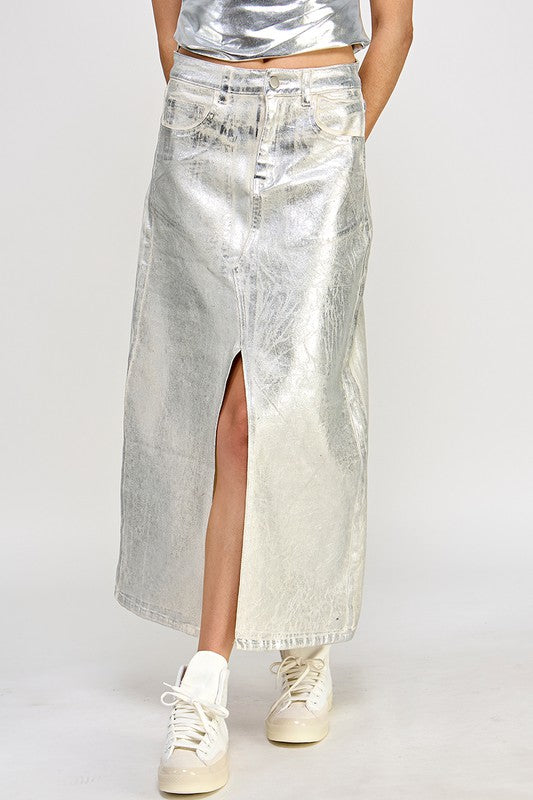 Front Slit Metallic Midi Skirt