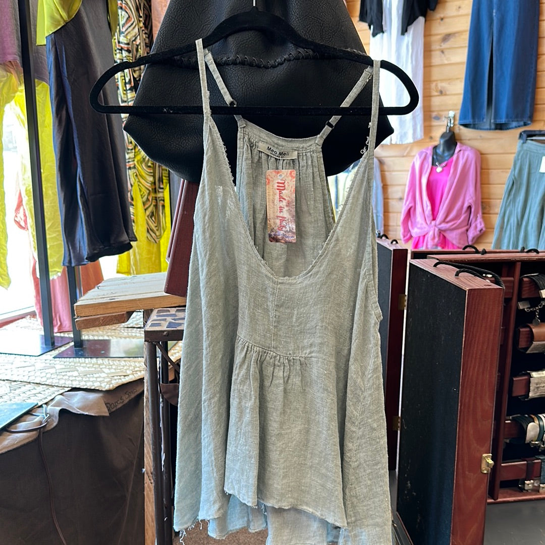 Linen Cotton Blend distressed Hem tank top.