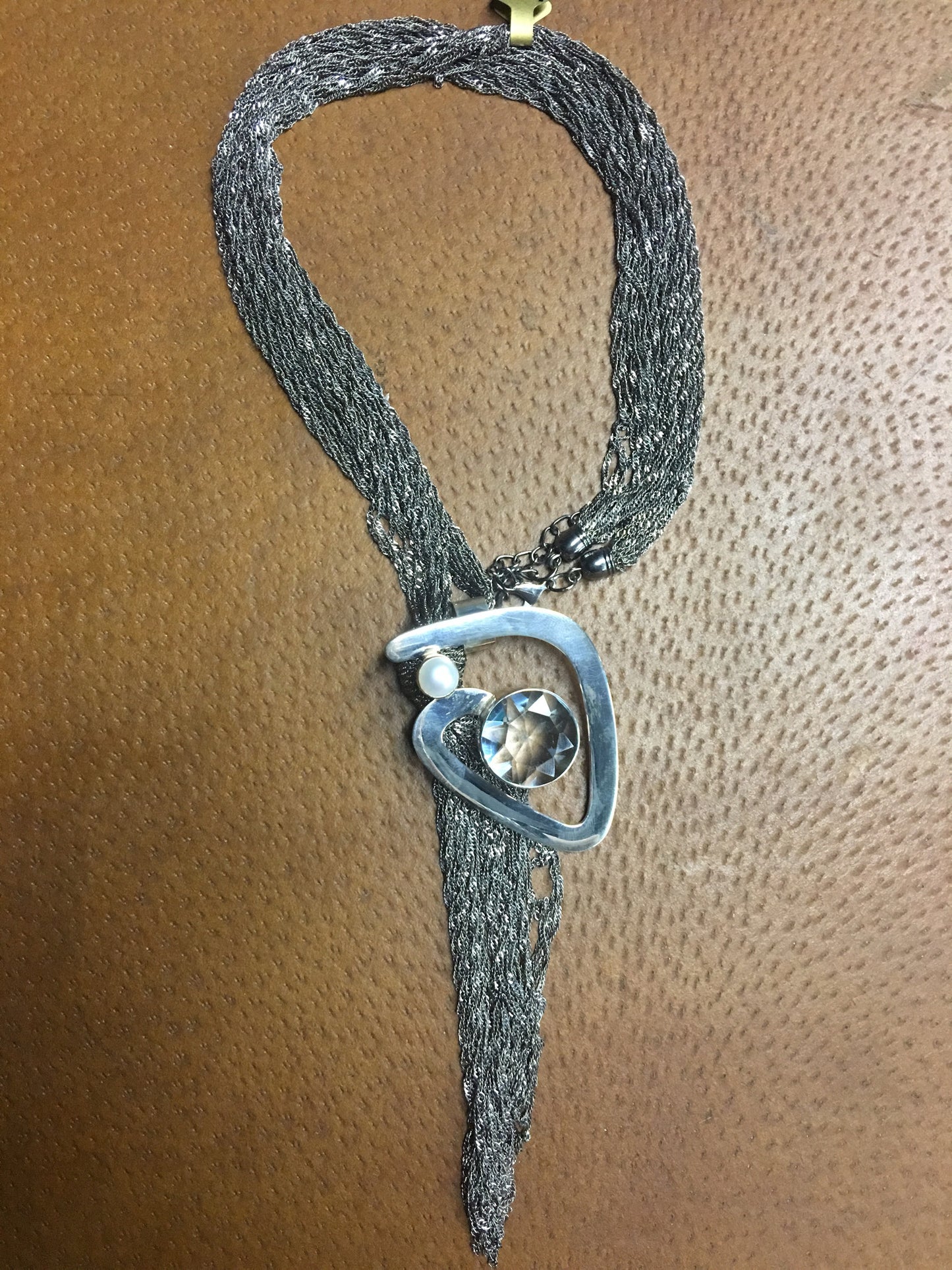 Sterling Silver pearl aquamarine crystal quartz chain necklace