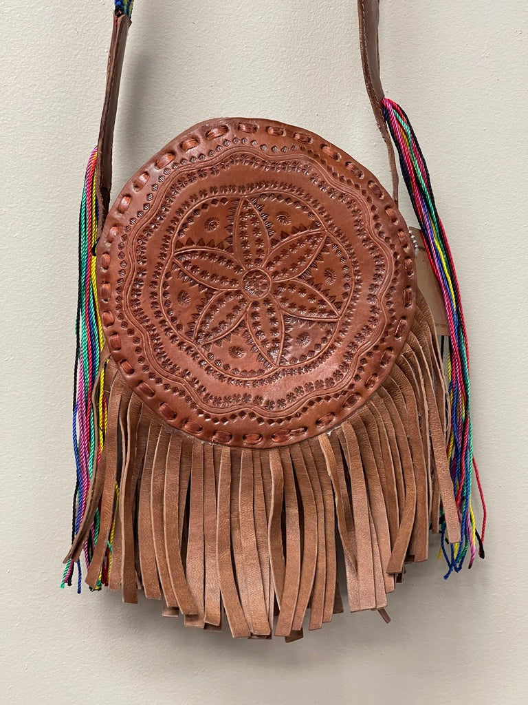 #4 Small Round Leather Bag with fringes.