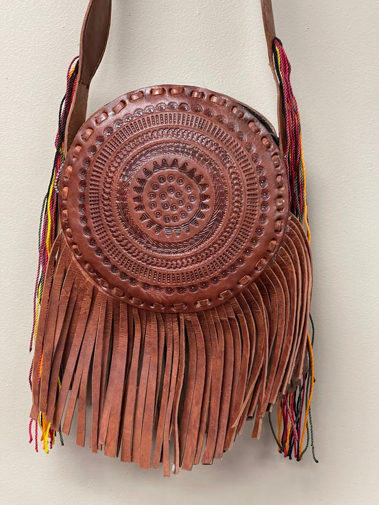#3 Small Round Leather Bag with fringes.
