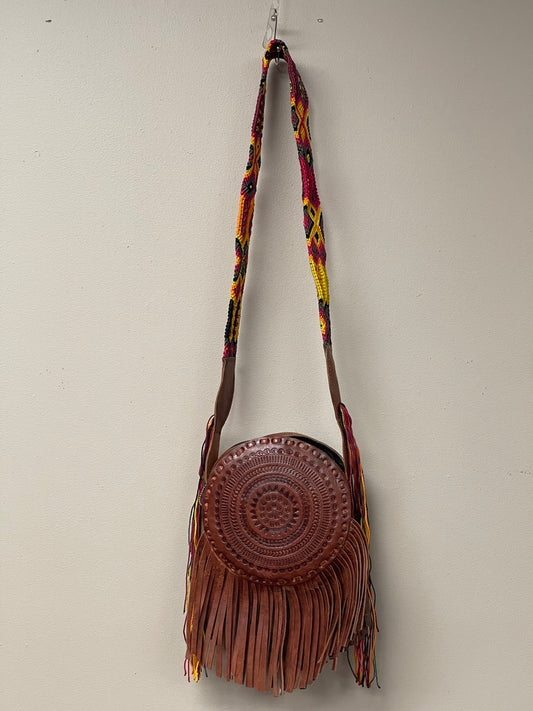 #3 Small Round Leather Bag with fringes.