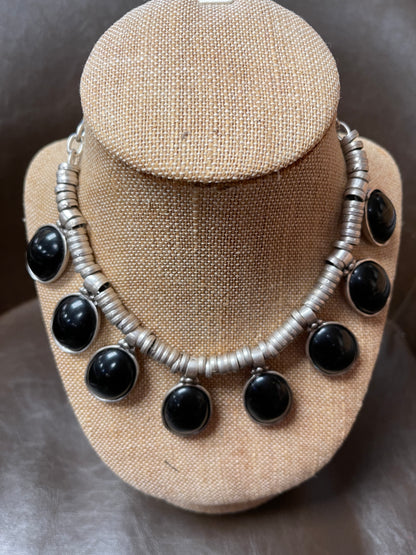 Zamak black stone/silver reversible necklace