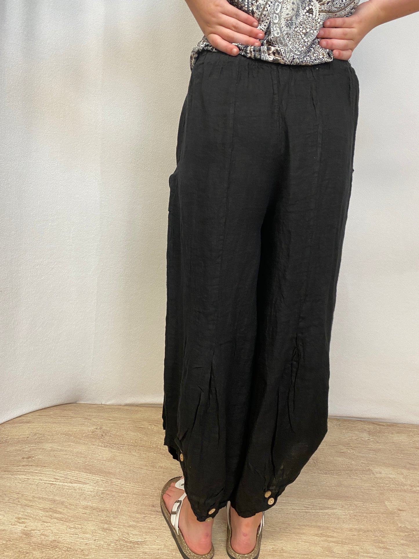 Italian, Linen Pants with button accent.