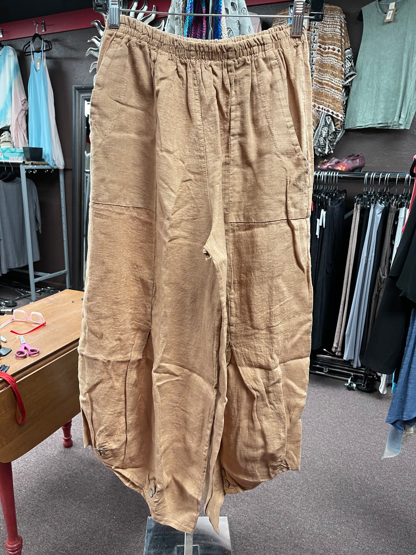 Italian, Linen Pants with button accent.