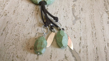 Brown Leather, Green Chrysoprase, and Sterling Silver Adjustable Necklace