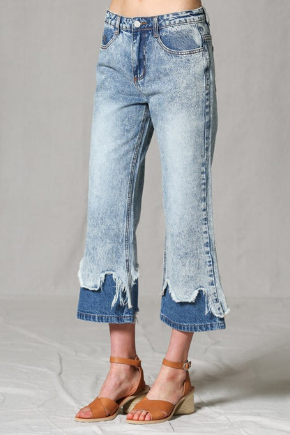 Double layer distressed hem flare jean pants