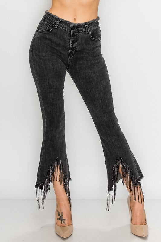 Rhinestone Metal Fringe Denim Pants