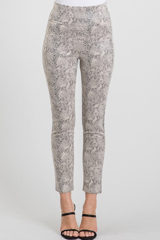 Taupe Snake Suede Zipper Trim Leggings Pants