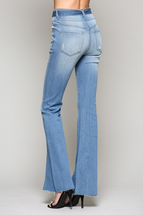 Ultra high belted, triple button, front slit, flair denim pants.