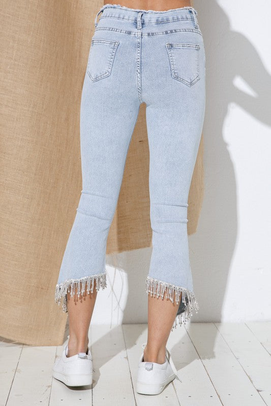 Rhinestone uneven edge fringe jeans,